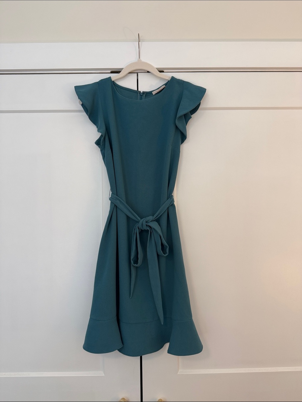LOFT Teal Flutter-Sleeve Belted Midi Dress